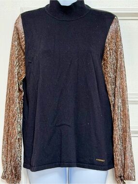 Black pullover sweater with sheer metallic copper/silver sleeves